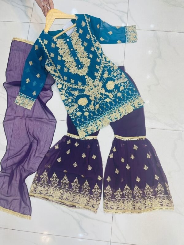 3 Pcs Chiffon Gharara Mother & Daughter Dresses - Image 12