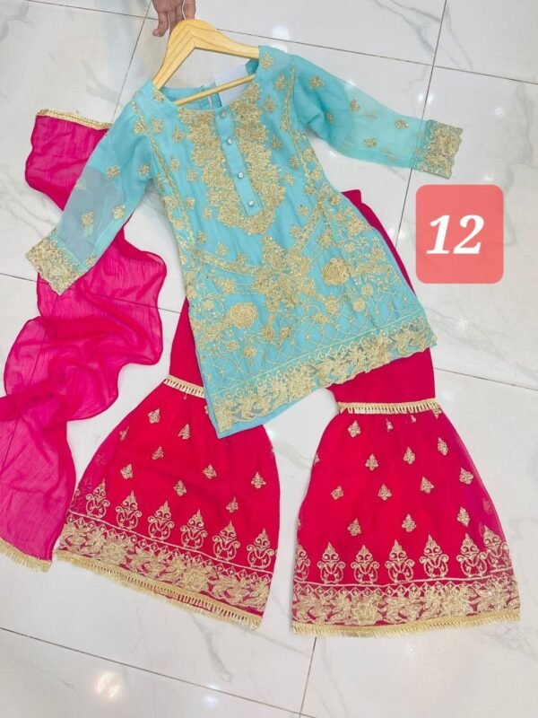 3 Pcs Chiffon Gharara Mother & Daughter Dresses - Image 14