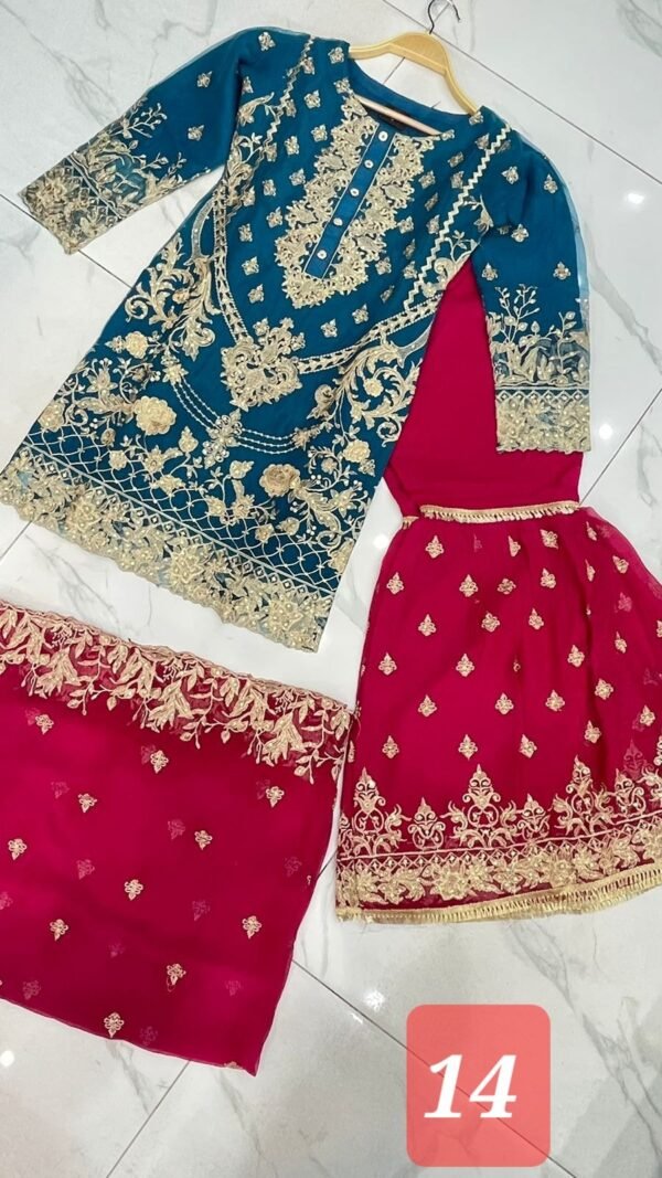 3 Pcs Chiffon Gharara Mother & Daughter Dresses - Image 16