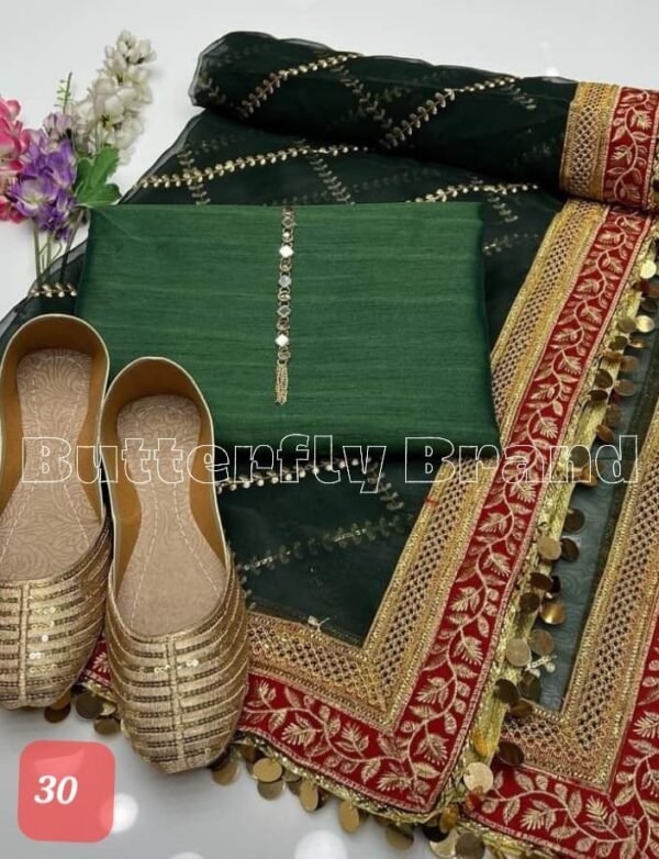 3PC Stitched Raw Silk Suit With Organza Embroidery Dupatta. - Image 30