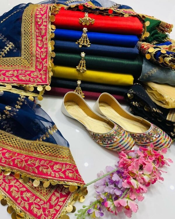 3PC Stitched Raw Silk Suit With Organza Embroidery Dupatta.