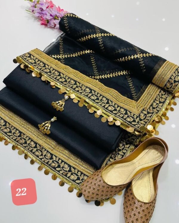 3PC Stitched Raw Silk Suit With Organza Embroidery Dupatta. - Image 22