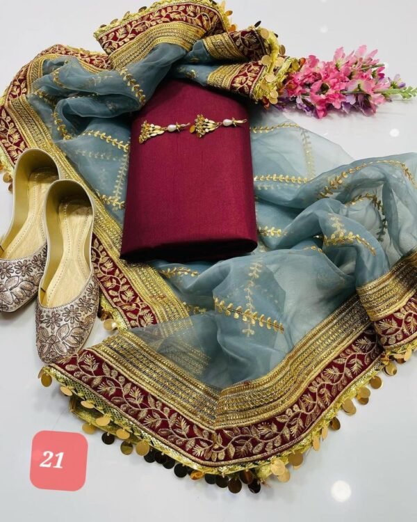 3PC Stitched Raw Silk Suit With Organza Embroidery Dupatta. - Image 21