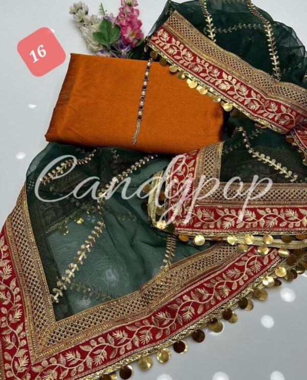 3PC Stitched Raw Silk Suit With Organza Embroidery Dupatta. - Image 16
