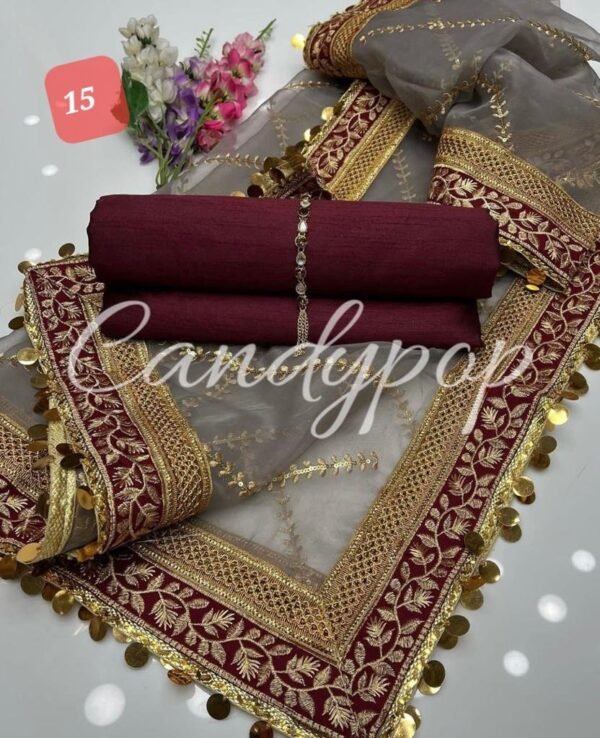 3PC Stitched Raw Silk Suit With Organza Embroidery Dupatta. - Image 15