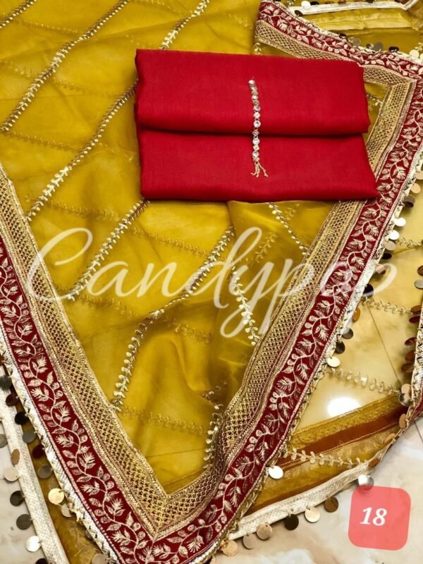 3PC Stitched Raw Silk Suit With Organza Embroidery Dupatta. - Image 18