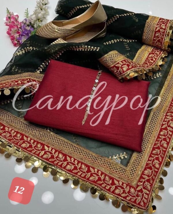 3PC Stitched Raw Silk Suit With Organza Embroidery Dupatta. - Image 12