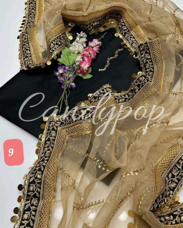3PC Stitched Raw Silk Suit With Organza Embroidery Dupatta. - Image 9