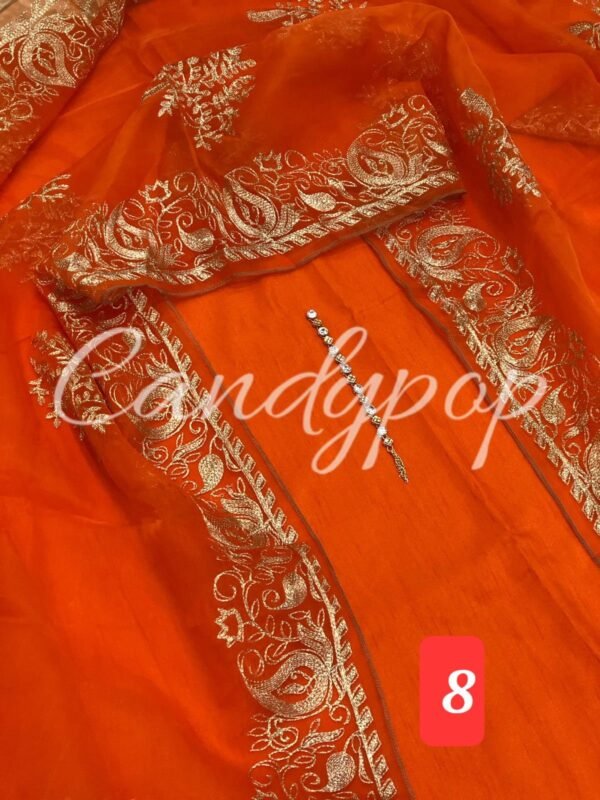 3Pc Stitched Suit With Zari Embroidery Organza Dupatta - Image 8