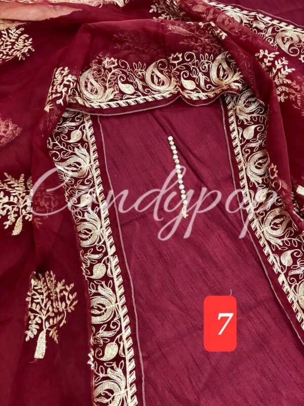 3Pc Stitched Suit With Zari Embroidery Organza Dupatta - Image 7