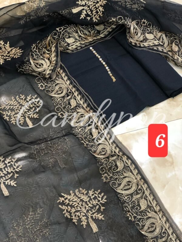 3Pc Stitched Suit With Zari Embroidery Organza Dupatta - Image 6