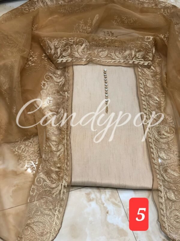 3Pc Stitched Suit With Zari Embroidery Organza Dupatta - Image 5