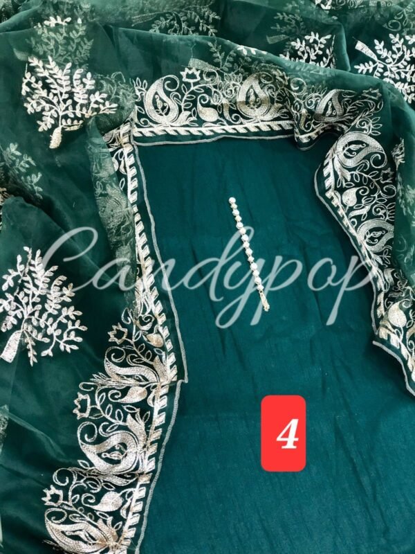 3Pc Stitched Suit With Zari Embroidery Organza Dupatta - Image 4