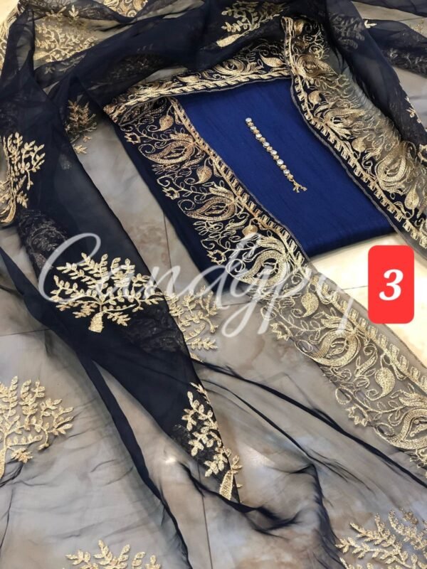 3Pc Stitched Suit With Zari Embroidery Organza Dupatta - Image 3