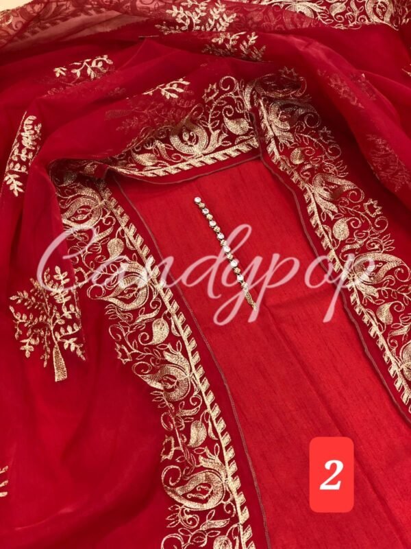 3Pc Stitched Suit With Zari Embroidery Organza Dupatta - Image 2
