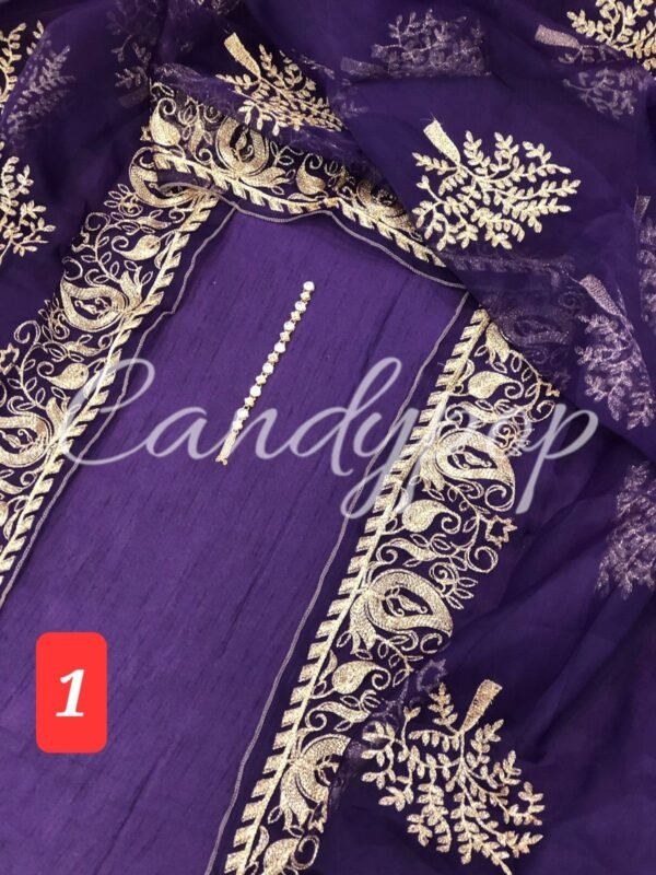 3Pc Stitched Suit With Zari Embroidery Organza Dupatta