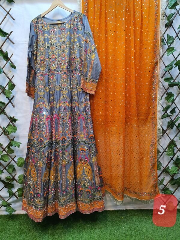 2PC Stitched Screen Print Hand Work Maxi With Chiffon Dupatta - Image 5