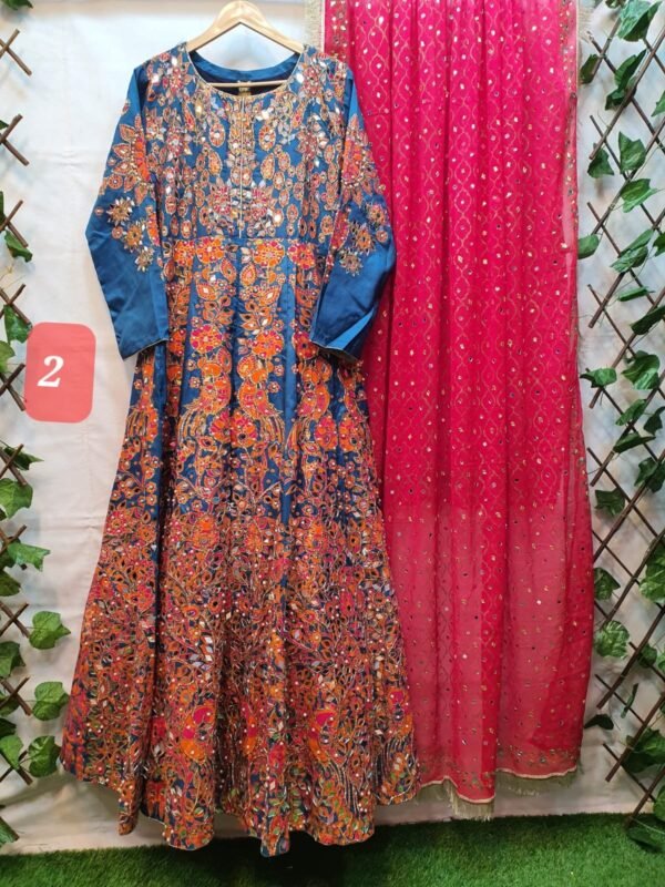 2PC Stitched Screen Print Hand Work Maxi With Chiffon Dupatta - Image 2