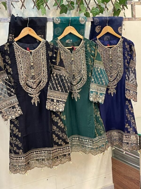 3PC Stitched  Handwork Shirt with Gharara and Organza Dupatta. - Image 19