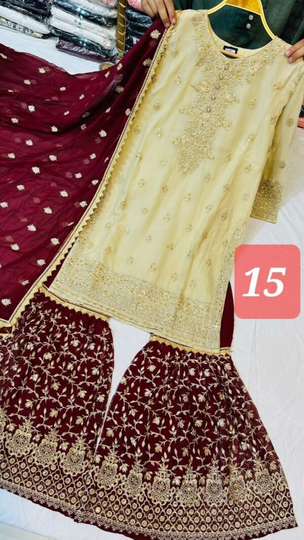 3PC Embroidered Shirt With Gharara And Dupatta. - Image 18