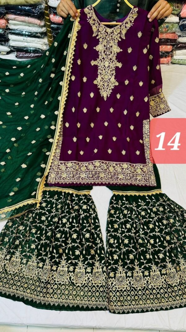 3PC Embroidered Shirt With Gharara And Dupatta. - Image 17