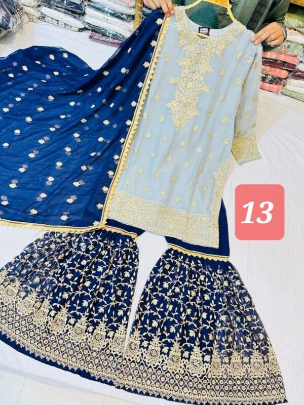 3PC Embroidered Shirt With Gharara And Dupatta. - Image 16