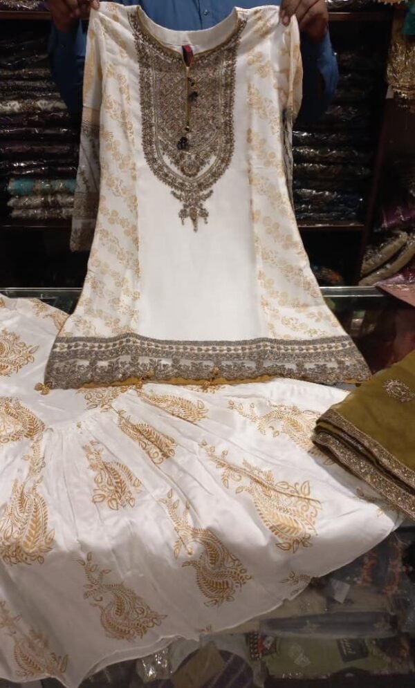 3PC Stitched  Handwork Shirt with Gharara and Organza Dupatta. - Image 12