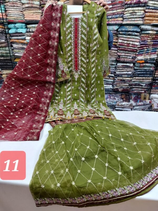 3PC Embroidered Shirt With Gharara And Dupatta. - Image 14