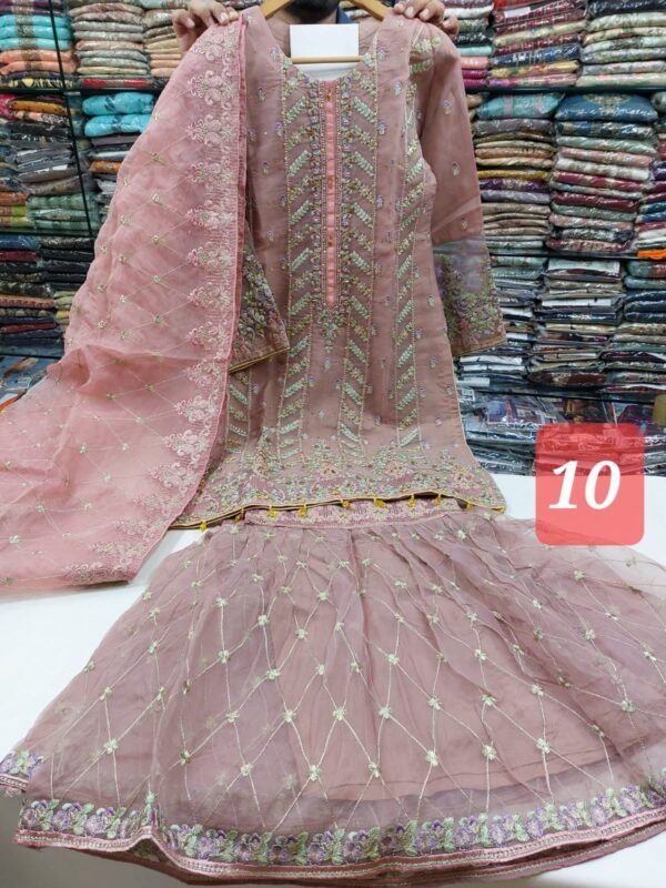 3PC Embroidered Shirt With Gharara And Dupatta. - Image 13