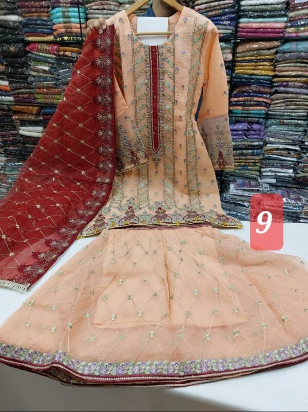 3PC Embroidered Shirt With Gharara And Dupatta. - Image 12