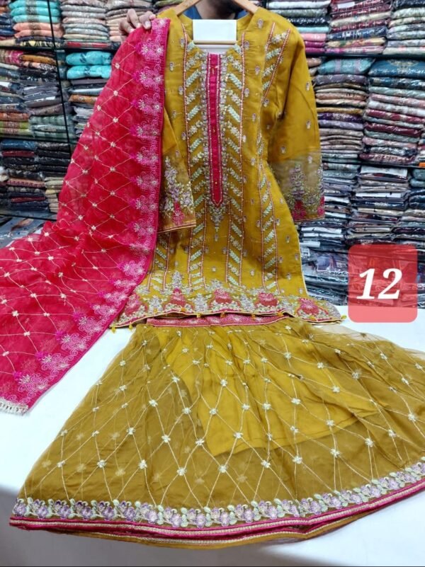 3PC Embroidered Shirt With Gharara And Dupatta. - Image 15