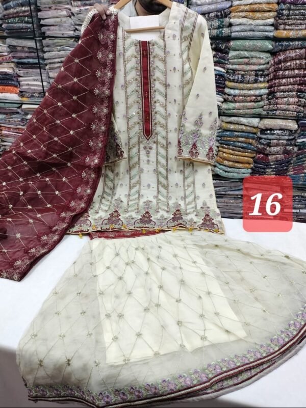 3PC Embroidered Shirt With Gharara And Dupatta. - Image 19