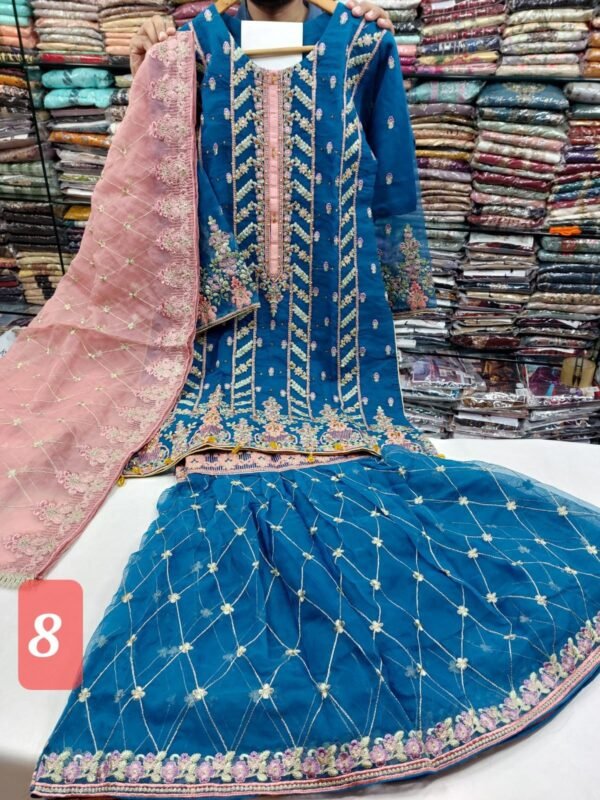 3PC Embroidered Shirt With Gharara And Dupatta. - Image 11