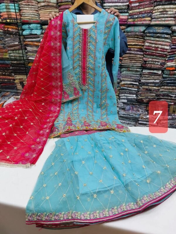 3PC Embroidered Shirt With Gharara And Dupatta. - Image 10