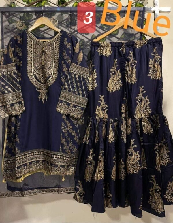 3PC Stitched  Handwork Shirt with Gharara and Organza Dupatta. - Image 5