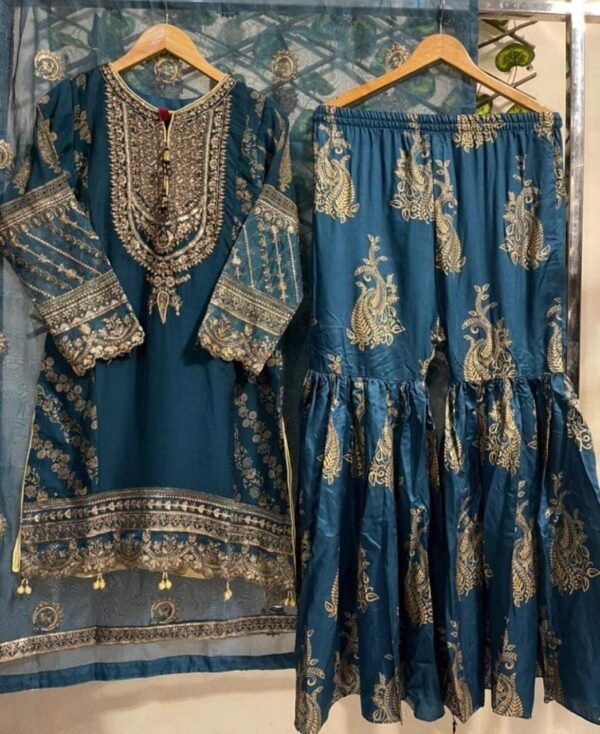 3PC Stitched  Handwork Shirt with Gharara and Organza Dupatta. - Image 15