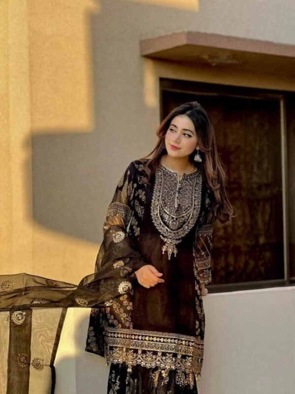 3PC Stitched  Handwork Shirt with Gharara and Organza Dupatta. - Image 8