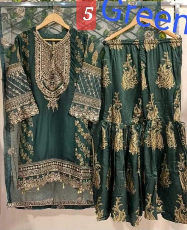 3PC Stitched  Handwork Shirt with Gharara and Organza Dupatta. - Image 9