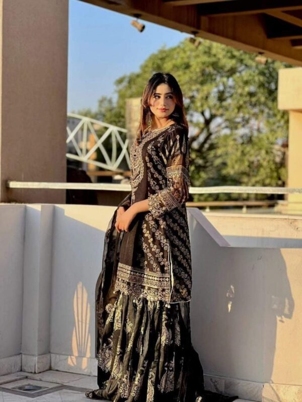 3PC Stitched  Handwork Shirt with Gharara and Organza Dupatta. - Image 7