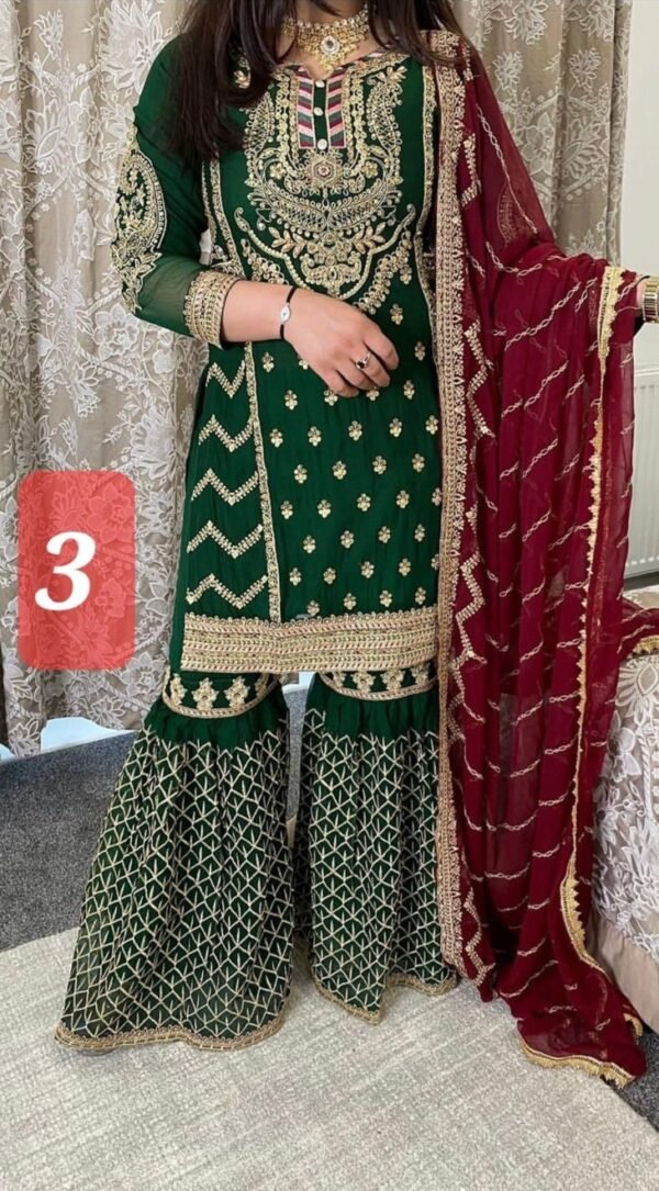 3PC Embroidered Shirt With Gharara And Dupatta. - Image 5