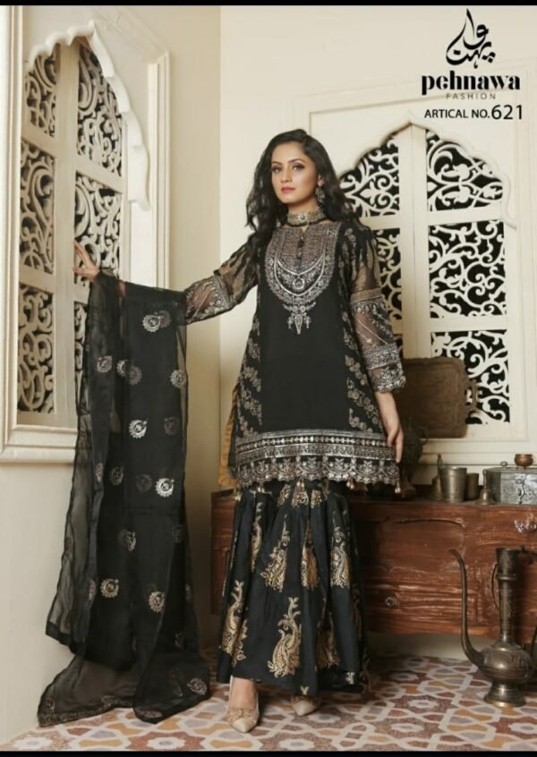3PC Stitched  Handwork Shirt with Gharara and Organza Dupatta.