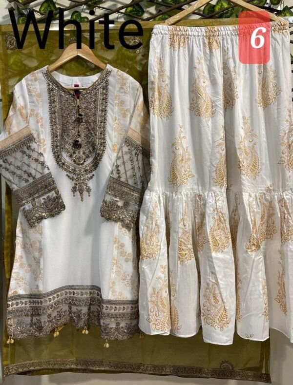 3PC Stitched  Handwork Shirt with Gharara and Organza Dupatta. - Image 11