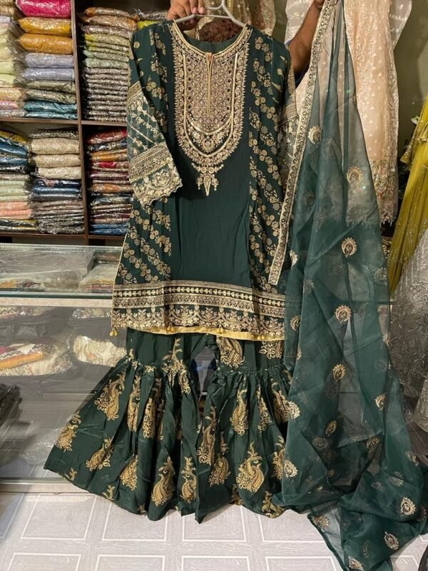 3PC Stitched  Handwork Shirt with Gharara and Organza Dupatta. - Image 10