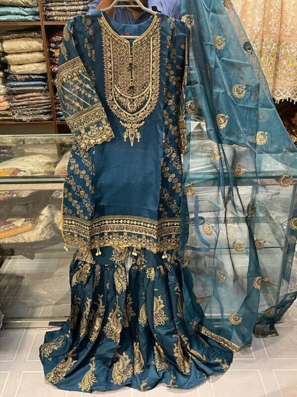 3PC Stitched  Handwork Shirt with Gharara and Organza Dupatta. - Image 14