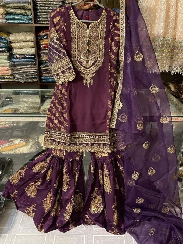 3PC Stitched  Handwork Shirt with Gharara and Organza Dupatta. - Image 4