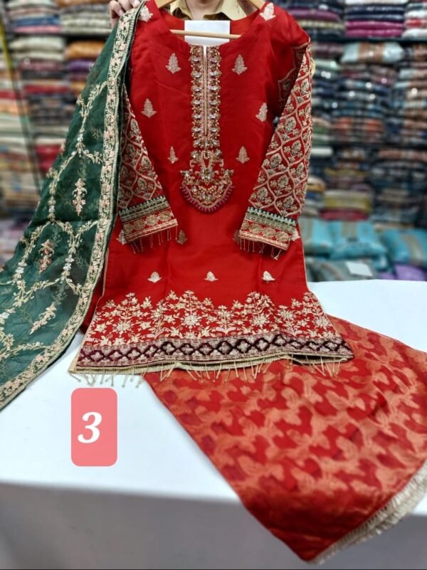 3PC Stitched Handwork Shirt with Gharara - Image 3
