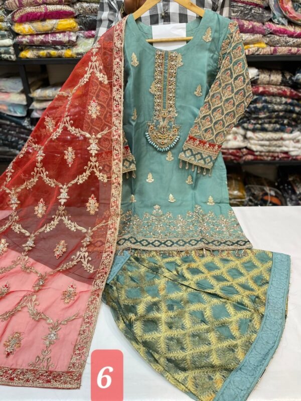 3PC Stitched Handwork Shirt with Gharara - Image 6