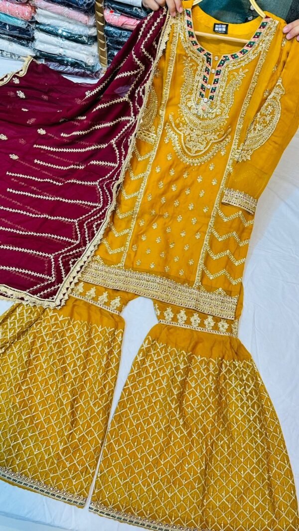 3PC Embroidered Shirt With Gharara And Dupatta. - Image 4