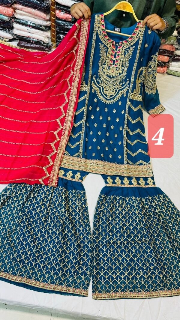 3PC Embroidered Shirt With Gharara And Dupatta. - Image 7