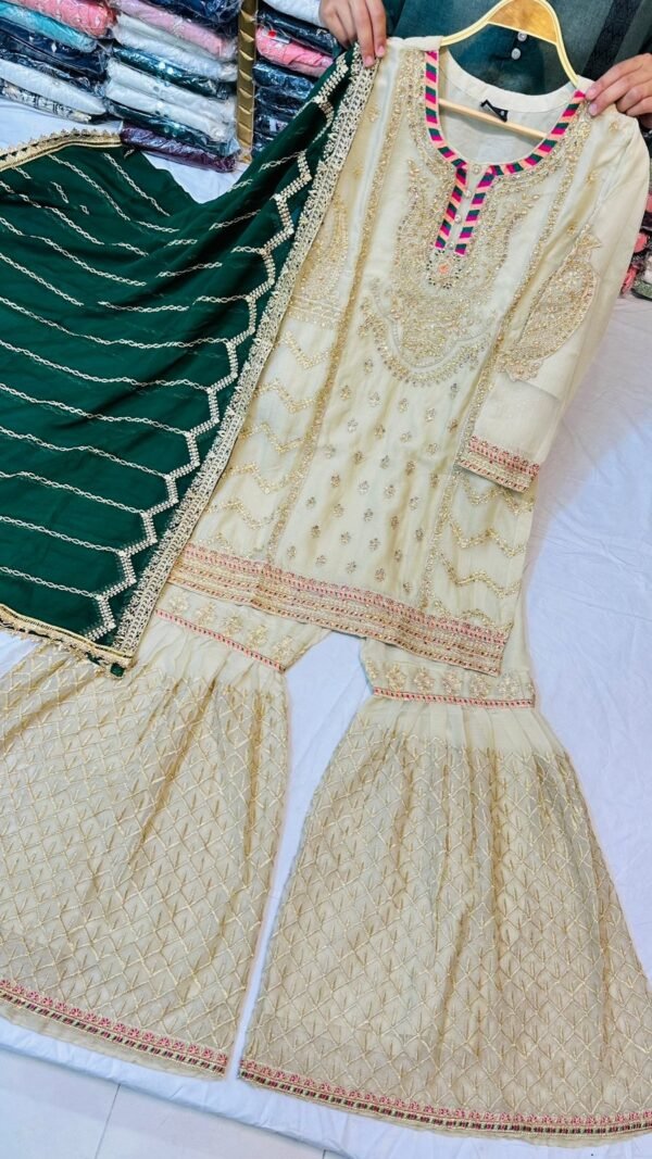 3PC Embroidered Shirt With Gharara And Dupatta. - Image 2
